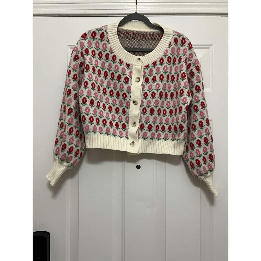 Crop Cardigan Cream Pink Floral Cottagecore Sweater Ivory Large Soft Cozy Womens